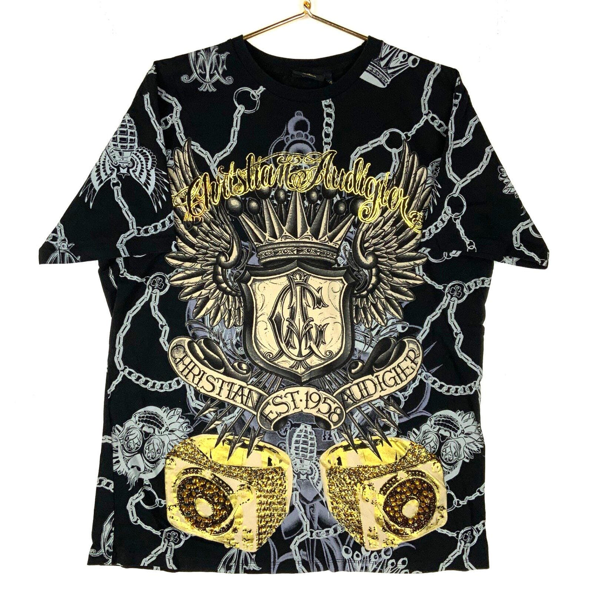 Y2K Christian Audigier TShirt XL Made Usa All Over Print Studded Skull Rings Graphic Tee – Everyday Comfort · High-Quality Print
