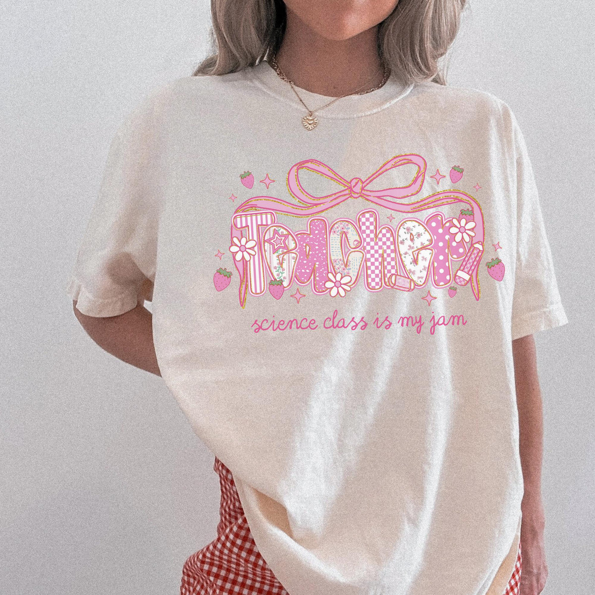 Science Teacher Tee Shirt for Science Department Squad or Crew Floral Boho Strawberry TShirt with Messy Coquette Bow Fruit Lover Teacher Graphic Tee – Soft Feel · Must-Have Style